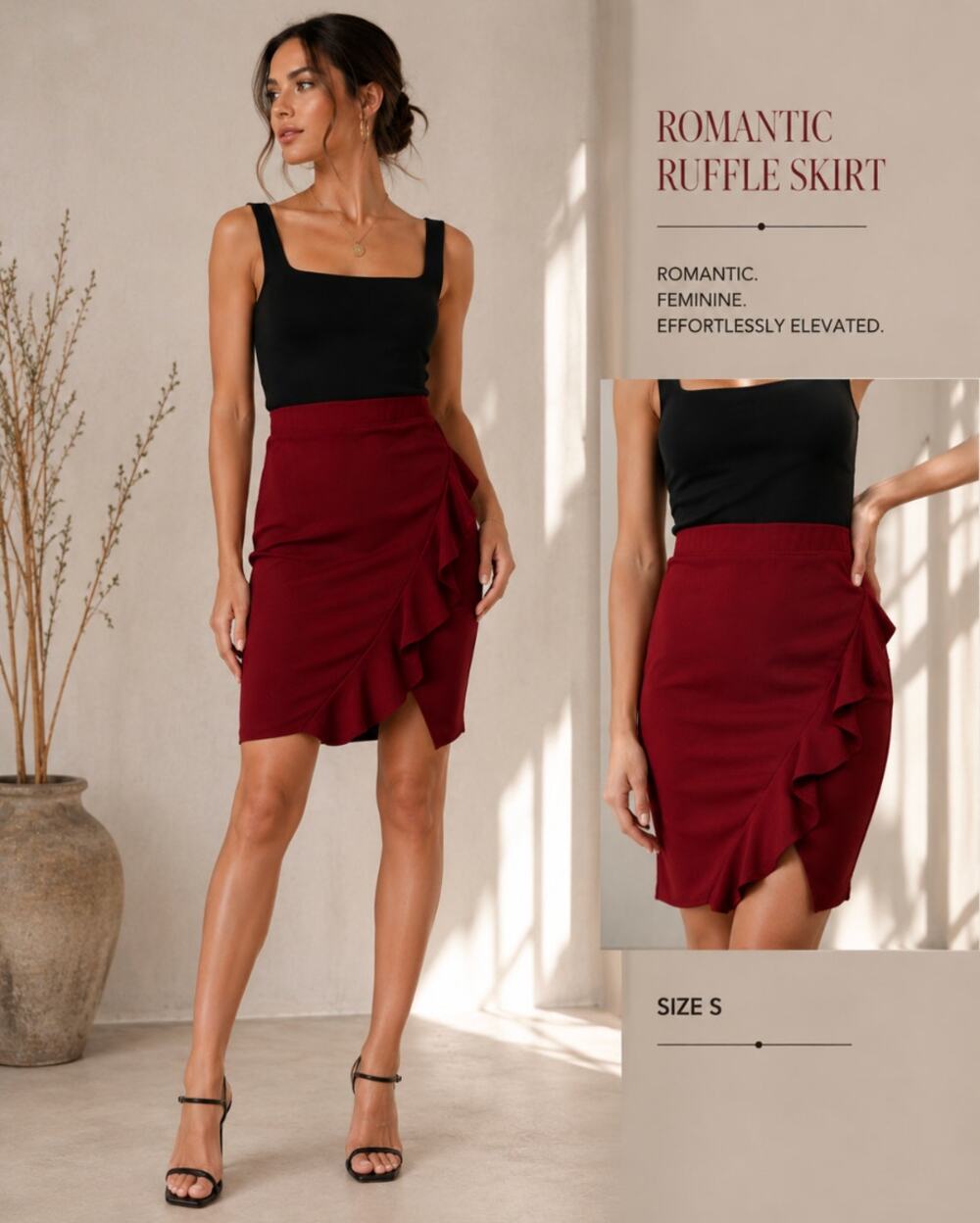 Windsor Burgundy Ruffle Wrap Bodycon Skirt Date Night Clubwear XS